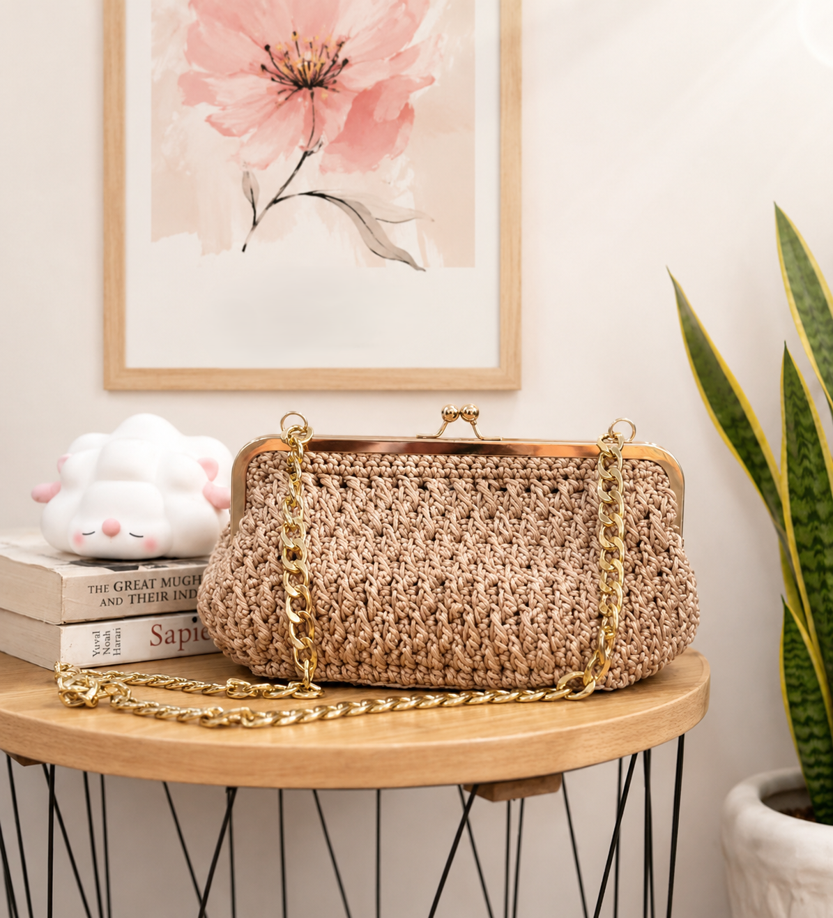 Peach Macrame Hand/Clutch Bag.