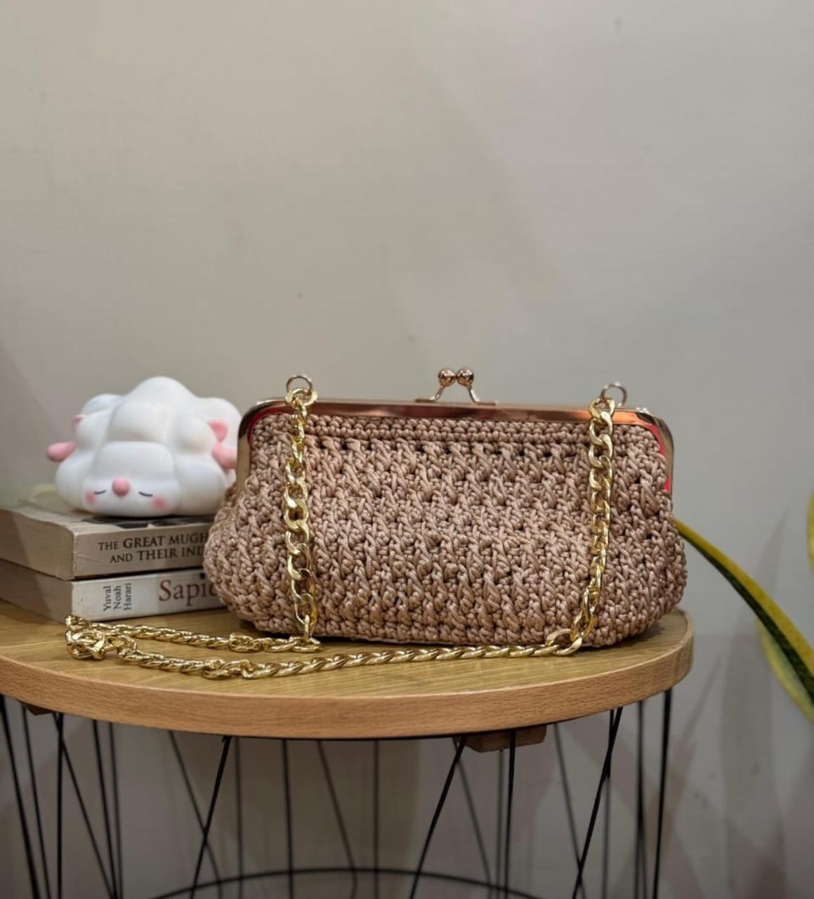 Peach Macrame Hand/Clutch Bag.